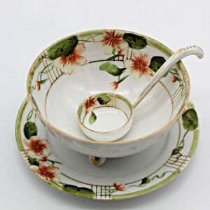 Antique Nippon Hand Painted Mayonnaise Condiment Bowl Under Plate Ladle Japan